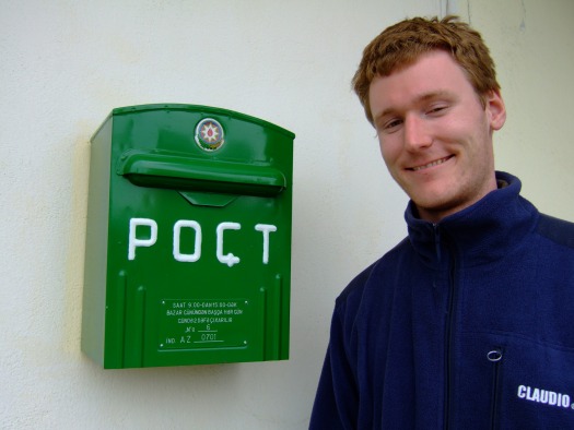 Me next to one of Azerbaijan's nice green mail boxes. This picture is taken in Astara not far from the Iranian border and of course I mailed a postcard back home to my parents in Denmark. For you information the postcard took approximately 2 months to arrive - whether it traveled by donkey all the way the story doesn't tell:-)