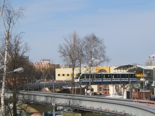 A monorail train moving to the depot.