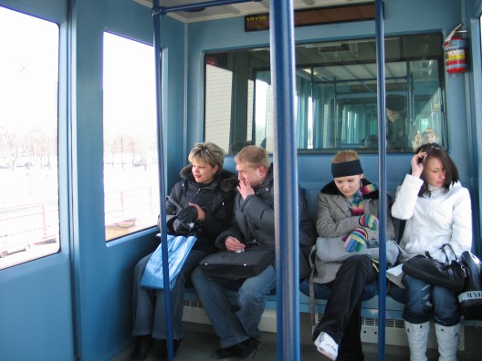 View inside the passenger cabin - notice the LED-display showing the time and the next station.