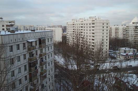 Here is my view of the windows of the kitchen where I am living. If you look carefully after you can see the main building of the Moscow State University. It is typical suburb area in Moscow; a lot of apartment blocks. The area here was a bit special because a police academy was situated nearby - so there was constant many policemen in the area.