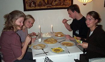 Louise, Henriette, Rasmus and Kathrine eating pancakes somewhere in Beder.